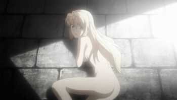 1girl animated animated_gif anime_screenshot ankle_cuffs ass barefoot blonde_hair blue_eyes breasts chain completely_nude covering_breasts covering_privates crawling cuffs freezing_(series) long_hair looking_back lowres medium_breasts no_eyewear nude on_floor open_mouth satellizer_el_bridget screencap sideboob solo sunlight thighs