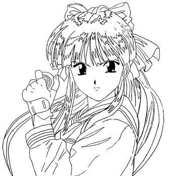 1girl alternate_costume arm_up breasts fingerless_gloves gloves hair_ribbon highres lips long_hair looking_at_viewer medium_breasts monochrome ponytail ribbon sakura_taisen school_uniform sega serious shinguuji_sakura sketch solo yo-yo