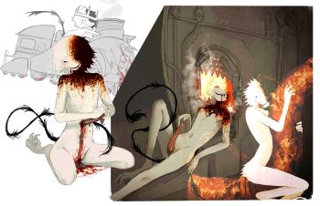 1boy black_eyes black_tail blood blood_on_ground blush burning burnt chibi chibi_inset commentary crown crying drooling ember_(jejejunum) english_commentary fire furnace guro hell hellmouth_(jejejunum) highres hot impaled jejejunum kneeling masochism mechanophilia monster_boy multicolored_hair original penis_tentacle precum rust self-harm smile solid_circle_eyes spirit split-color_hair split-color_skin stab tears tentacles tongue tongue_out train