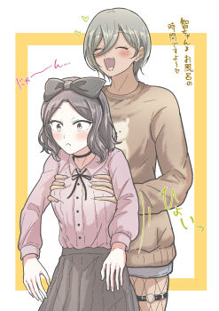 2girls 5tb animal_print arms_at_sides bear_print black_ribbon blush border bow brown_sweater closed_mouth collared_shirt commentary_request cowboy_shot double-parted_bangs ebizuka_tomo fishnets forehead girls_band_cry grabbing_another&#039;s_breast grey_bow grey_hair grey_skirt groping hair_between_eyes hair_bow highres long_bangs long_sleeves mole mole_under_eye multiple_girls neck_ribbon o-ring o-ring_thigh_strap open_mouth pink_shirt pleated_skirt ribbon rupa_(girls_band_cry) shirt short_hair short_shorts shorts skirt smile surprised sweater thigh_strap translation_request very_short_hair white_background wide-eyed yellow_border yuri