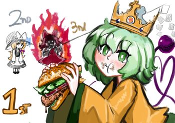 103anon :t blush burger burger_king closed_mouth commentary crown eating english_commentary fire food gohei green_eyes green_hair hakurei_reimu highres holding holding_burger holding_food kirisame_marisa komeiji_koishi looking_at_viewer short_hair simple_background solo_focus touhou touhou_21st_popularity_poll white_background