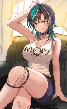 1girl absurdres aqua_hair arm_support bare_arms black_choker black_hair blue_shorts blush breasts choker collarbone commentary_request couch earrings grin highres hololive hololive_dev_is indoors jewelry kurogomatcha large_breasts looking_at_viewer medium_hair multicolored_hair red_eyes rindo_chihaya ring short_shorts shorts sitting smile solo streaked_hair tank_top thighs virtual_youtuber white_hair white_tank_top