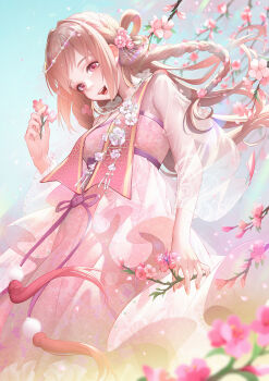 Rule 34 | 1girl, blue sky, brown hair, cherry blossoms, chinese clothes, circlet, commentary request, day, downturned eyes, feet out of frame, flower, from below, hair flower, hair ornament, hair rings, hanfu, highres, holding, holding flower, light particles, long hair, long sleeves, nikki (series), open mouth, outdoors, pink eyes, pink flower, pink hanfu, purple ribbon, ribbon, see-through clothes, see-through sleeves, sesgusi, shining nikki, sidelocks, single hair ring, sky, smile, solo, spring (season), stole, teeth, thousand dreams (shining nikki), tree, upper teeth only, very long hair, waist ribbon, waist tassel, wavy hair, white flower, white sleeves, wide sleeves