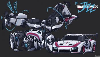 1boy absurdres assault_visor autobot breakdance car highres humanoid_robot insignia jazz_(transformers) lextodrawstuff machine mecha motor_vehicle no_humans porsche porsche_935 race_vehicle racecar robot sports_car transformers wheel