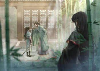 3boys architecture arm_behind_back bamboo bamboo_forest black_boots black_hair black_hanfu blurry blurry_foreground boots chinese_clothes curtained_hair day east_asian_architecture facing_away forest from_behind green_robe half_updo hand_on_another&#039;s_cheek hand_on_another&#039;s_face hanfu holding holding_sword holding_weapon layered_sleeves light_rays long_hair long_sleeves looking_at_another luo_binghe male_focus mina_(o414) multiple_boys nature outdoors parted_bangs pillar ponytail renzha_fanpai_zijiu_xitong robe rock scene_reference sheath sheathed shen_qingqiu sidelocks stairs standing stone_stairs stone_walkway sword very_long_hair wavy_hair weapon white_hanfu wide_sleeves