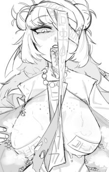 1girl absurdres bbizim03 beads body_freckles breasts bug centipede commentary double_bun english_commentary freckles greyscale hair_bun highres hundred-footed_death_maggot_(e.g.o) ishmael_(project_moon) large_breasts limbus_company long_hair long_tongue looking_at_viewer messy_hair monochrome ofuda ofuda_on_head ofuda_on_nipples one_eye_covered open_clothes open_mouth partially_shaded_face pasties prayer_beads project_moon simple_background solo steaming_body sweat talisman teeth tongue tongue_out upper_teeth_only very_sweaty