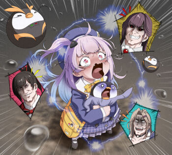 Rule 34 | 4girls, ahoge, animal, animal hug, ascot, baby animal, bag, beret, bird, black choker, black footwear, black hair, blonde hair, blue cardigan, blue hair, blunt bangs, bow, bowtie, brown hair, cardigan, choker, commentary request, crying, crying aqua (meme), crying with eyes open, cut-in, earrings, ein (nikke), electricity, emphasis lines, fang, full body, goddess of victory: nikke, gradient hair, grin, hair ornament, hairclip, half updo, harumaki (tenpuras16s), hat, headgear, jacket, jewelry, long hair, long sleeves, marciana (nikke), mary janes, meme, multicolored hair, multiple girls, notice lines, o o, one side up, open mouth, parody, penguin, penguin chick, plaid clothes, plaid skirt, pleated skirt, ponytail, purple hair, purple jacket, red bow, red bowtie, red eyes, rei (nikke), school bag, school circle (nikke), school uniform, shadow, shirt, shoes, sidelocks, skirt, smile, socks, solo focus, standing, striped bow, striped bowtie, striped clothes, stud earrings, style parody, tears, teeth, tongue, tongue out, untucked shirt, water drop, white ascot, white shirt, white socks, yellow bag, yellow bow, yellow bowtie, zwei (nikke)