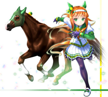 Rule 34 | 1girl, animal ears, black gloves, black pantyhose, blunt bangs, blush, bow, closed mouth, commentary request, creature and personification, ear covers, gloves, green eyes, green sailor collar, green sleeves, hairband, hime cut, horse, horse ears, horse girl, horse tail, long hair, long sleeves, mask, orange hair, orange tail, pantyhose, personification, pleated skirt, real life, sailor collar, silence suzuka (innocent silence) (umamusume), silence suzuka (racehorse), silence suzuka (umamusume), skirt, sugimotty nova, tail, umamusume, white hairband, white skirt