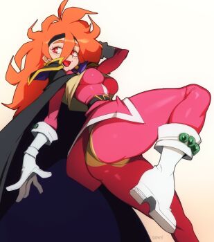 1girl black_cape boots breasts cape commentary commission doxy english_commentary gloves hair_between_eyes highres large_breasts lina_inverse long_hair looking_back open_mouth orange_hair pants pink_pants pink_shirt red_eyes shirt slayers smile solo standing standing_on_one_leg white_background white_boots white_gloves