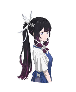 Rule 34 | 1girl, absurdres, alternate costume, alternate hairstyle, apron, artist name, black hair, blue apron, closed mouth, columbina (genshin impact), commentary, cropped legs, genshin impact, hair ornament, hashtag-only commentary, highres, long hair, long sidelocks, looking at viewer, nerozero, ponytail, purple eyes, purple hair, shirt, short sleeves, sidelocks, simple background, solo, unusually open eyes, very long hair, white background, white shirt, wing hair ornament