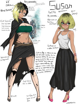 absurdres before_and_after black_hair blonde_hair bracelet breasts cape reference_sheet cpt.tester_works cyborg dark-skinned_female dark_skin dress hair_between_eyes high_heels highres jewelry large_breasts mechanical_arms mechanical_legs midriff multicolored_hair robot_eye short_hair single_mechanical_arm skirt small_breasts strapless susan_(cpt.tester) tattered_clothes torn_cape torn_clothes tube_top