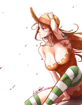 1girl a_mimishi arm_between_legs arm_support arm_up armpit_crease armpit_peek bangle bare_shoulders blush bracelet breasts brown_eyes cleavage closed_mouth collarbone commentary dated debris dress earrings english_commentary feet_out_of_frame floating_hair green_thighhighs halloween halloween_costume hand_on_headwear hat highres jewelry large_breasts long_hair looking_to_the_side nami_(one_piece) official_alternate_costume one_piece orange_dress orange_hair short_dress shoulder_tattoo signature simple_background sitting smile solo strapless strapless_dress straw_hat striped_clothes striped_dress striped_thighhighs stud_earrings tattoo thighhighs vertical-striped_clothes vertical-striped_dress white_background