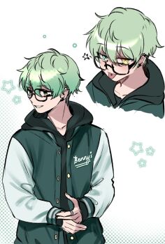 1boy choppy_bangs commentary english_commentary glasses green_eyes green_hair green_jacket hair_between_eyes heterochromia highres hood hood_down hooded_jacket jacket long_sleeves looking_at_viewer male_focus multiple_views original piercing rae_(ryuuxin) ryuuxin short_hair smile star_(symbol) tongue tongue_out tongue_piercing white_background yellow_eyes