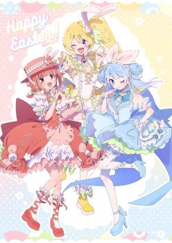 akino_kaede alternate_costume animal_ears ankle_ribbon ankle_socks arm_bow ascot back_bow bare_shoulders basket blonde_hair blue_bow blue_dress blue_eyes blue_flower blue_footwear blue_gemstone blue_hair boots bow bowtie bracelet braid breasts brooch bubble_skirt bun_with_braided_base cleavage closed_mouth collared_dress colored_tips commentary_request cross-laced_clothes cross-laced_dress double_bun dress dress_ribbon easter easter_egg egg english_text fake_animal_ears finger_to_mouth floating_hair floppy_ears flower flower_anklet flower_bracelet flower_brooch flower_hairband flower_thigh_strap footwear_bow frilled_bracelet frilled_footwear frilled_socks frills gem green_bow hair_bow hair_bun hand_on_own_hip happy happy_easter hat hat_flower heart-shaped_gem high_heels highres holding holding_basket holding_egg jewelry lace-trimmed_headwear lace_trim leg_ribbon long_hair looking_at_viewer magia_record:_mahou_shoujo_madoka_magica_gaiden mahou_shoujo_madoka_magica mary_janes minami_rena multicolored_background multicolored_hair musical_note one_eye_closed orange_eyes pink_bow pink_eyes pink_hair polka_dot polka_dot_background rabbit_ears red_bow red_dress red_flower red_footwear red_gemstone red_hat red_ribbon ribbon ribbon-trimmed_headwear ribbon_trim serizawa_serizane shoes short_dress side_ponytail skirt smile socks stiletto_heels togame_momoko twin_braids twitter_username white_dress white_flower white_ribbon white_socks yellow_ascot yellow_bow yellow_bowtie yellow_shoes