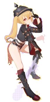 1girl absurdres black_gloves black_helmet black_jacket blonde_hair blush combat_helmet crop_top gloves hair_between_eyes helmet highres jacket long_hair looking_at_viewer luciana_de_montefio ppop_(2212538880) red_eyes shirt shorts side_ponytail solo zenless_zone_zero