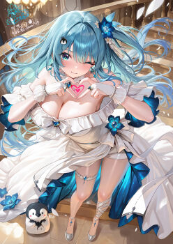 1girl ;d ahoge aqua_eyes aqua_hair artist_name bare_shoulders bead_bracelet beads bird blue_eyes blue_gem blue_hair blush bracelet breasts character_request cleavage detached_collar dress earrings falling_petals floating_hair flower frilled_dress frills from_above full_body gem gloves hair_between_eyes hair_flower hair_ornament heart heart_hands high_heels highres indie_virtual_youtuber indoors jewelry large_breasts leg_ribbon long_hair looking_at_viewer lower_teeth_only meion off-shoulder_dress off_shoulder one_eye_closed one_side_up open_mouth penguin petals ribbon ring signature smile solo stairs standing teeth thigh_strap two-sided_fabric virtual_youtuber white_gloves