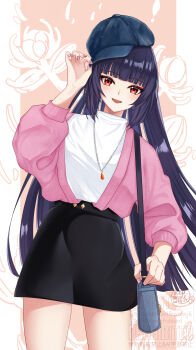 1girl black_hair blush breasts contemporary genshin_impact hair_ornament hat highres holding long_hair looking_at_viewer makeup open_mouth purple_hair red_eyes smile solo takane_pato yun_jin_(genshin_impact)