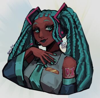 1girl 2026 alternate_skin_color aqua_eyes aqua_hair aqua_lips aqua_nails aqua_necktie bare_shoulders black_sleeves colored_eyelashes dark-skinned_female dark_skin darkened_skin detached_sleeves dreadlocks fingernails freeform_miku grey_shirt hand_up hatsune_miku headset highres lipstick looking_at_viewer makeup nail_polish necktie number_tattoo selepriv_we shirt shoulder_tattoo sleeveless sleeveless_shirt smile solo tattoo twintails very_dark_skin vocaloid