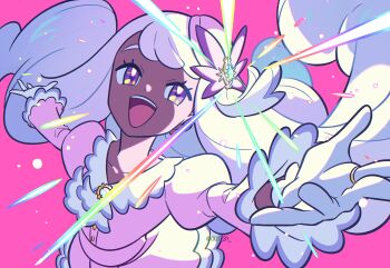1girl :d arm_up chueog dress eyelashes floating_hair gloves glowing happy highres jacinthe_(pokemon) jewelry long_hair long_sleeves looking_at_viewer nintendo open_mouth pokemon pokemon_legends:_z-a puffy_sleeves purple_dress purple_eyes ring smile solo teeth tilted_headwear tongue twitter_username upper_teeth_only watermark white_gloves