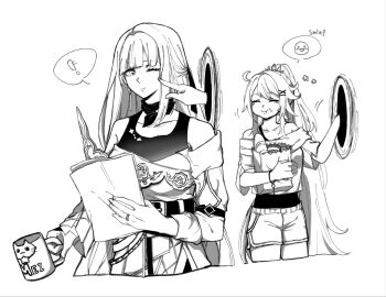 ! 2girls ^_^ ahoge bag belt closed_eyes cup earrings eating emoji english_text greyscale hair_ornament hairclip hashtag-only_commentary honkai_(series) honkai_impact_3rd jewelry kiana_kaslana kiana_kaslana_(herrscher_of_finality) long_hair mafuena_getkon monochrome mug multiple_girls neck_ribbon off_shoulder one_eye_closed paper poking raiden_mei raiden_mei_(apho) ribbon ring shorts single_earring tank_top through_portal tiara very_long_hair white_background