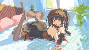 1girl absurdres bare_shoulders bedroom black_hair black_pantyhose breasts cake cake_slice clock_eyes curtains date_a_live day detached_sleeves dress food frilled_dress frills fruit hairband heterochromia highres indoors innga_hui lolita_fashion lolita_hairband long_hair looking_at_viewer medium_breasts on_bed pantyhose pillow plant potted_plant red_eyes shadow solo strawberry strawberry_slice symbol-shaped_pupils tokisaki_kurumi tokisaki_kurumi_(spirit) twintails two-tone_dress window yellow_eyes