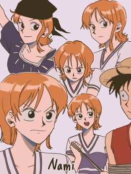 Rule 34 | 1boy, 1girl, 2024, bandana, bare shoulders, black bandana, black eyes, black hair, blue shirt, bound, bound torso, character name, closed mouth, collarbone, hat, highres, holding, holding rope, looking at another, monkey d. luffy, multiple views, nami (one piece), nami (one piece) (east blue), official alternate costume, one piece, only op2024, open mouth, orange hair, red vest, rope, shirt, short hair, short sleeves, single sidelock, straw hat, two-tone shirt, upper body, v-neck, vest, white shirt