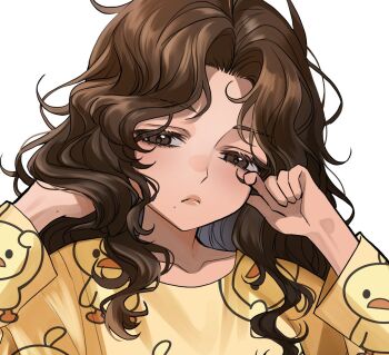 1girl artist_self-insert brown_eyes brown_hair collarbone commentary dark-skinned_female dark_skin english_commentary highres long_hair long_sleeves merururuu original pajamas simple_background white_background women_on_twitter_(meme) yellow_pajamas