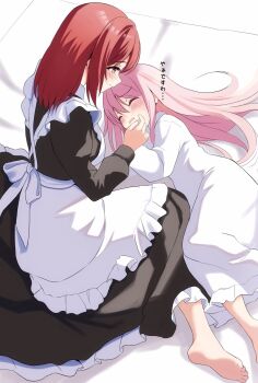 2girls age_difference apron bagel_sandica black_dress dress highres lying maid maid_apron master_and_servant multiple_girls on_side onee-loli pink_hair red_hair shoujo_no_nozomanu_eiyuutan translation_request white_apron white_dress yuri