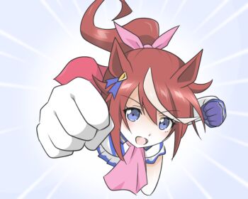 1girl :d aiueo8371 animal_ears arm_up ascot asymmetrical_gloves blue_background blue_eyes blue_gloves blue_trim blush bow brown_hair capelet clenched_hands collared_shirt commentary ear_ribbon foreshortening from_above gloves gun_gun_cut hair_between_eyes hair_ribbon high_ponytail horse_ears horse_girl knee_up long_hair long_sleeves looking_at_viewer looking_up motion_lines multicolored_hair official_alternate_costume open_mouth outstretched_arm pink_ascot pink_ribbon pleated_skirt ponytail raised_fist reaching reaching_towards_another red_capelet ribbon shirt single_hair_streak skirt sleeve_cuffs smile solo speed_lines streaked_hair tokai_teio_(peak_joy)_(umamusume) tokai_teio_(umamusume) two-tone_hair ultra_series umamusume v-shaped_eyebrows white_gloves white_hair white_shirt white_skirt