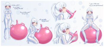 1girl absurdres ayaka_(genshin_impact) blush bodysuit character_transformation covered_navel dildo dildo_riding english_text fellatio female_masturbation genderswap genderswap_(mtf) genshin_impact gradient_background grey_eyes heart heart-shaped_pupils highres latex long_hair masturbation moonshystar nipples oral ponytail pussy pussy_juice saliva sequential sex_toy symbol-shaped_pupils transformation uncensored v vaginal very_long_hair white_bodysuit white_hair