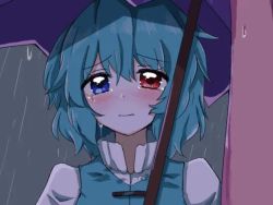 1girl animated blue_eyes blue_hair blush crying heterochromia looking_at_viewer rain red_eyes sad short_hair simple_background stain tatara_kogasa teardrop tears tongue touhou umbrella undefined_fantastic_object video wet wet_clothes