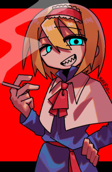 Rule 34 | 1girl, alice margatroid, ascot, black background, blonde hair, blue dress, blue eyes, capelet, cigarette, collared capelet, commentary request, cookie (touhou), cowboy shot, dress, frilled hairband, frills, glowing, glowing eyes, grin, hair between eyes, hairband, hand on own hip, holding, holding cigarette, long sleeves, looking at viewer, melanin shikiso, red ascot, red background, red hairband, red sash, sash, sharp teeth, short hair, smile, smoking, solo, taisa (cookie), teeth, touhou, two-tone background, white capelet