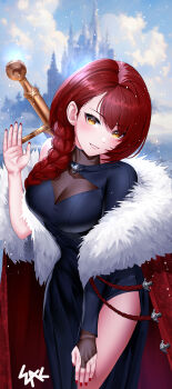 1girl absurdres black_dress braid breasts bridal_gauntlets cape castle castle_knight_charlotte cleavage cloak clothing_cutout cloud dress fur-trimmed_cloak fur_trim grin hair_over_shoulder hand_on_own_thigh hand_up highres korean_commentary large_breasts logo long_hair long_sleeves looking_at_viewer making-of_available nail_polish parted_lips red_cape red_hair red_nails see-through_cleavage see-through_clothes side_slit single_braid single_sleeve smile solo sword virtual_youtuber waktaverse weapon yellow_eyes yeon_do_e