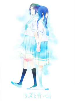 2girls absurdres back-to-back black_hair black_socks collared_shirt dress from_side hibike!_euphonium highres kasaki_nozomi liz_to_aoi_tori multiple_girls official_art school_uniform shirt simple_background smile socks white_background white_dress white_socks yoroizuka_mizore yuri