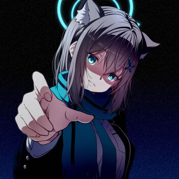 1girl animal_ear_fluff animal_ears black_jacket blue_archive blue_eyes blue_halo blue_necktie blue_scarf commentary_request extra_ears grey_hair halo highres jacket kouji_(campus_life) looking_at_viewer necktie open_clothes open_jacket parted_lips reaching reaching_towards_viewer scarf shaded_face shiroko_(blue_archive) solo wolf_ears wolf_girl