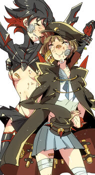 Rule 34 | 10s, 2girls, bad id, bad pixiv id, banchou, bandaid, blue sailor collar, blue skirt, breasts, brown hair, delinquent, grin, hat, injury, jacket, jacket on shoulders, kill la kill, mankanshoku mako, matoi ryuuko, medium breasts, multiple girls, navel, revealing clothes, sailor collar, sawa itsuki, school uniform, senketsu, serafuku, short hair, skirt, smile, tears, underboob