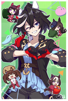 5girls animal_ears bell_pepper black_hair blue_eyes blush border bow breasts broccoli button_gap cleavage commentary_request cowboy_shot ear_bow ear_covers green_background grin hair_between_eyes hair_ornament hair_over_one_eye hairband highres hishi_akebono_(umamusume) horse_ears horse_girl horse_tail jacket katsuragi_ace_(dragon_rising_to_the_top)_(umamusume) katsuragi_ace_(umamusume) multicolored_hair multiple_girls nishino_flower_(umamusume) one_eye_closed oshiri_no1 pants potato purple_bow purple_eyes purple_hairband red_jacket red_pants rice_shower_(umamusume) shorts smile special_week_(umamusume) streaked_hair tail tassel tassel_hair_ornament tracen_training_uniform track_jacket track_pants twintails umamusume white_border white_hair