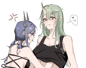 2girls :3 anger_vein arknights black_tank_top black_tube_top blue_hair blush ch&#039;en_(arknights) closed_mouth commentary_request dragon_horns grabbing_another&#039;s_breast green_hair groping hand_under_clothes hand_under_shirt heart highres hill_chuchu horns hoshiguma_(arknights) long_hair multiple_girls shirt simple_background single_horn smile spoken_heart strapless sweat tank_top tube_top upper_body white_background yellow_eyes yuri