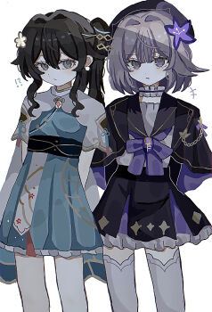 !? 2girls absurdres aged_down aqua_dress aqua_eyes arms_behind_back beret black_dress black_hair black_hat bow bowtie brown_hair closed_mouth commentary_request dress earrings feet_out_of_frame flower hair_between_eyes hair_flower hair_ornament hat hat_flower herta_(honkai:_star_rail) herta_(stars_silent_as_enigmas)_(honkai:_star_rail) highres honkai:_star_rail honkai_(series) jewelry long_hair looking_at_viewer multiple_girls official_alternate_costume parted_lips ponytail purple_bow purple_bowtie purple_eyes ruan_mei_(honkai:_star_rail) sailor_collar sayu_(r12_34) short_hair simple_background thighhighs white_background white_thighhighs
