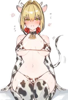1girl ahoge anger_vein animal_ears animal_print bare_shoulders bell bikini blonde_hair blush breasts cleavage collar cow_ears cow_horns cow_print cow_tail cowbell elbow_gloves fake_animal_ears fake_horns fake_tail fate/extra fate_(series) gloves green_eyes hair_intakes hair_ribbon highres horns large_breasts long_hair looking_at_viewer navel nero_claudius_(fate) nero_claudius_(fate/extra) pout red_ribbon ribbon sitting solo swimsuit tail thighhighs thighs white_bikini white_gloves white_thighhighs yotsutsu428
