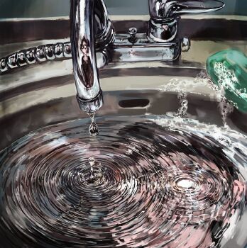 1other absurdres ambiguous_gender commentary_request doeun_o_o faucet highres original reflection ripples sink soap_bubbles still_life water water_drop