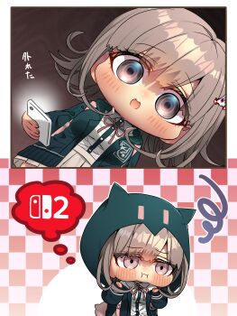 1girl :o black_jacket blush breasts brown_hair collared_shirt danganronpa_(series) danganronpa_2:_goodbye_despair flipped_hair hair_ornament harumina_mau highres holding holding_phone hood jacket long_sleeves medium_hair nanami_chiaki neck_ribbon open_clothes open_jacket phone pink_eyes pink_ribbon ribbon shirt translation_request white_shirt