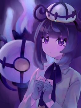 1girl black_dress black_hair bob_cut chandelure closed_mouth coat dress eyelashes gen_5_pokemon gloves gwynn_(pokemon) hat highres long_sleeves looking_at_viewer nendo_0603 nintendo open_clothes open_coat own_hands_together partially_fingerless_gloves pokemon pokemon_(creature) pokemon_legends:_z-a purple_background purple_eyes short_hair upper_body white_coat
