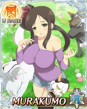 Rule 34 | 1girl, :o, black thighhighs, border, breasts, brown hair, card (medium), character name, cherry blossoms, dango, denim, denim shorts, dropped food, dropped object, falling petals, food, game cg, green eyes, hair ribbon, hannya, large breasts, long hair, mask, murakumo (senran kagura), noh mask, official art, outdoors, petals, purple shirt, red ribbon, ribbon, sanshoku dango, senran kagura, senran kagura new wave, shirt, shorts, side ponytail, single bare shoulder, solo, thighhighs, third-party source, wagashi