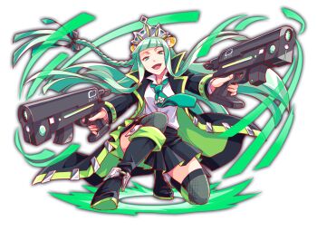 1girl adapted_costume alternate_costume animal_ear_fluff animal_ears anime_coloring artist_request bear_ears black_boots black_bow black_coat black_collar black_garter_straps black_skirt black_sleeves blunt_ends blunt_sidelocks boots bow braid coat collar collared_coat collared_shirt crash_fever dual_persona fingernails fishnet_thighhighs fishnets flower_ornament full_body game_cg garter_straps green_hair green_necktie green_theme green_trim grey_thighhighs gun hair_bow hair_ornament half-closed_eyes high_collar holding holding_gun holding_weapon knee_boots leaning_to_the_side long_hair long_sidelocks long_sleeves looking_at_viewer low-braided_long_hair low-tied_long_hair necktie number_print numbered official_alternate_costume official_art on_one_knee open_mouth ose_(crash_fever) outline pencil_skirt pleated_skirt red_outline shirt side_braid sidelocks silver_tiara skirt smile solo square square_print straight_hair tachi-e thighhighs third-party_source tie_clip tongue transparent_background two-sided_coat two-sided_fabric two-sided_skirt very_long_hair weapon white_collar white_shirt yellow_eyes