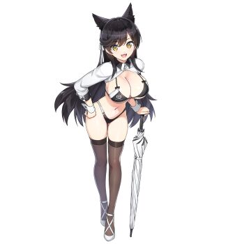 1girl :3 atago_(azur_lane) atago_(azur_lane)_(cosplay) atago_(stunning_speedster)_(azur_lane) azur_lane bikini black_bikini black_hair black_thighhighs breasts cleavage cosplay dolphin_wave extra_ears game_cg hand_on_own_hip helly_lewis highleg highleg_bikini highres large_breasts long_hair multicolored_bikini non-web_source official_alternate_costume official_art ootomo_takuji open_mouth planted planted_umbrella race_queen ribbon shrug_(clothing) sleeve_cuffs smile solo swimsuit thighhighs transparent_background two-tone_bikini umbrella white_ribbon white_umbrella wrist_cuffs yellow_eyes