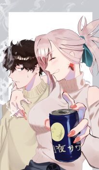 Rule 34 | 1boy, 1girl, absurdres, adoptive parent and adoptive child, arm around shoulder, awapontasu, beer can, breasts, can, casual, cigarette, clenched teeth, closed eyes, commentary request, drink can, earrings, fate/samurai remnant, fate (series), grin, highres, holding, holding can, jewelry, large breasts, miyamoto iori (fate), miyamoto musashi (fate), mother and son, pink nails, ponytail, sleeveless, sleeveless turtleneck, smile, stud earrings, sweatdrop, sweater, teeth, turtleneck, yellow sweater