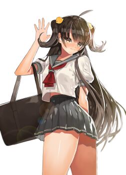 1girl ahoge arutera bad_id bad_pixiv_id bag black_hair blurry blush bookbag brown_eyes carrying female_focus hair_ornament highres lens_flare light_smile long_hair long_image looking_at_viewer navel necktie open_hand original pleated_skirt quality school_bag school_uniform serafuku shiny_skin short_twintails shy simple_background skirt solo standing tall_image thigh_gap thighs twintails very_long_hair waving white_background