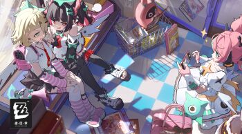 3girls absurdres angel_wings arm_warmers asymmetrical_bangs asymmetrical_legwear backpack bag bangboo_(zenless_zone_zero) black_hair black_skirt black_thighhighs bow cellphone chinatsu_remiel colored_inner_hair commentary_request detached_sleeves dress fake_wings fingerless_gloves flong frilled_dress frills fur-trimmed_skirt fur_trim gloves gradient_eyes green_bow green_eyes green_hair green_nails hair_bow hair_ornament hairpin halo highres holding holding_phone leg_warmers megaphone multicolored_eyes multicolored_hair multiple_girls multiple_hair_bows multiple_hairpins nail_polish necktie open-toe_shoes phone pink_bag pink_hair pink_shoes platform_shoes quad_tails randoseru red_eyes red_nails red_necktie rokudu_sariel shirt shoes shopping_basket side_ponytail single_thighhigh sitting skirt smartphone smile sparkle striped_arm_warmers taking_picture thighhighs toeless_legwear twintails v white_dress white_shirt wings yutane_johiel zenless_zone_zero