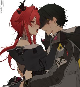 Rule 34 | 1boy, 1girl, after kiss, arknights, arknights: endfield, black dress, black hair, breasts, coat, detached sleeves, dress, endministrator (arknights), hood, long hair, looking at another, male endministrator (arknights), mask, medium breasts, ohkurrva, open mouth, pink eyes, red hair, saliva, saliva trail, short hair, surtr (arknights), teeth, tongue, tongue out, white background